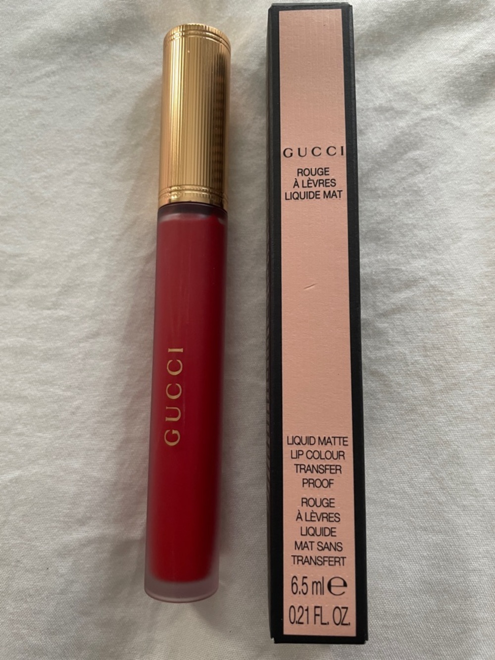 Gucci Matte Liquid Lipstick in Goldie Red 25* with Gold Cap